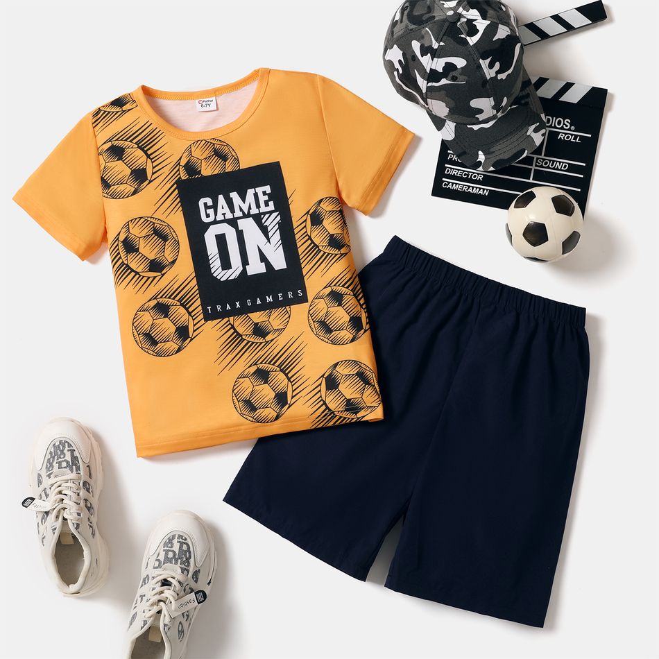 2pcs Kid Boy Letter Soccer Print Short-sleeve Tee and Elasticized Shorts Set Yellow