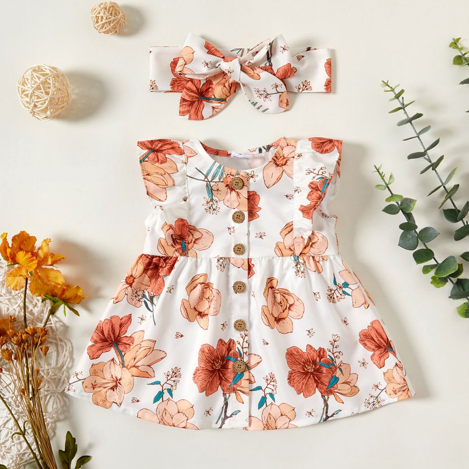 2pcs Baby Girl 100% Cotton Solid/Floral-print Sleeveless Ruffle Button Up Dress with Headband Set White big image 1