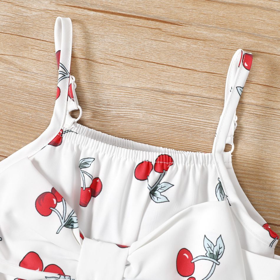 Baby Girl All Over Cherry Print Spaghetti Strap Bowknot Romper White big image 3