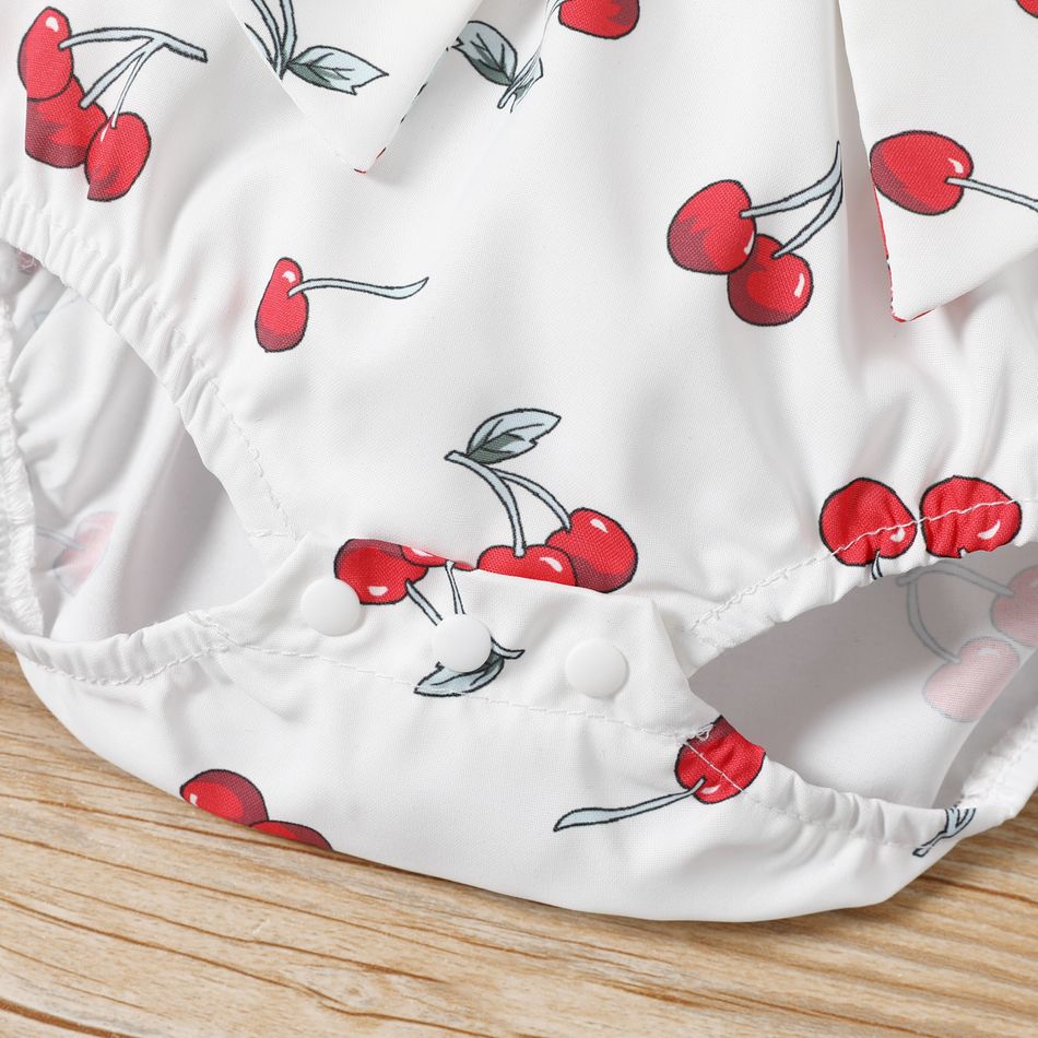 Baby Girl All Over Cherry Print Spaghetti Strap Bowknot Romper White big image 5