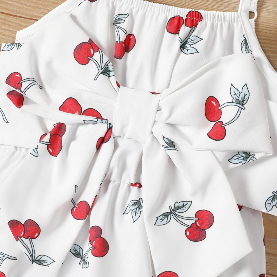 Baby Girl All Over Cherry Print Spaghetti Strap Bowknot Romper White big image 4