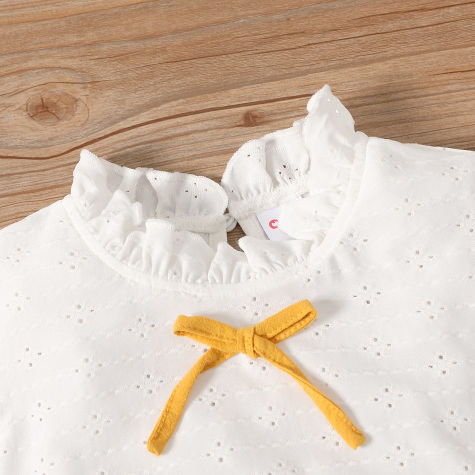 2pcs Kid Girl Ruffle Collar Bowknot Design Hollow out Flutter-sleeve White Blouse and Ruffled Button Design Skirt Set White big image 3