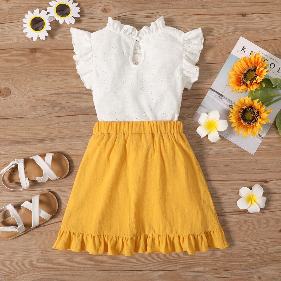2pcs Kid Girl Ruffle Collar Bowknot Design Hollow out Flutter-sleeve White Blouse and Ruffled Button Design Skirt Set White big image 2