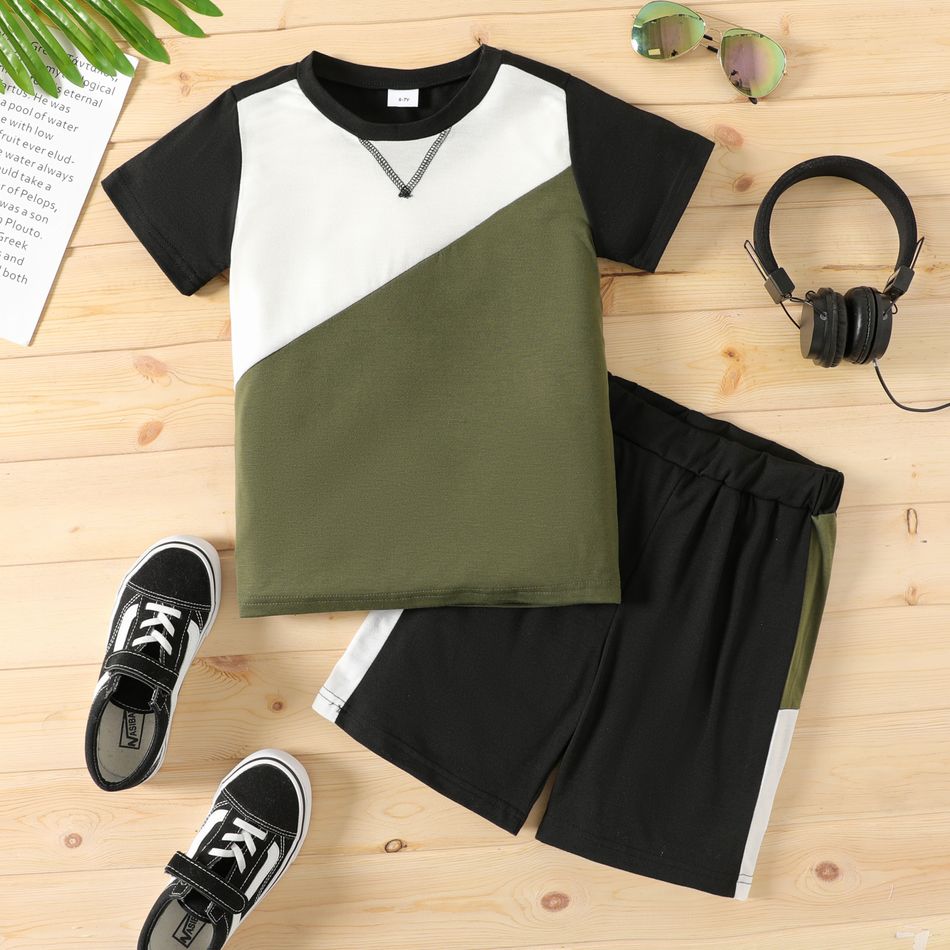 2-piece Kid Boy Casual Colorblock Short-sleeve Tee and Elasticized Shorts Set Army green