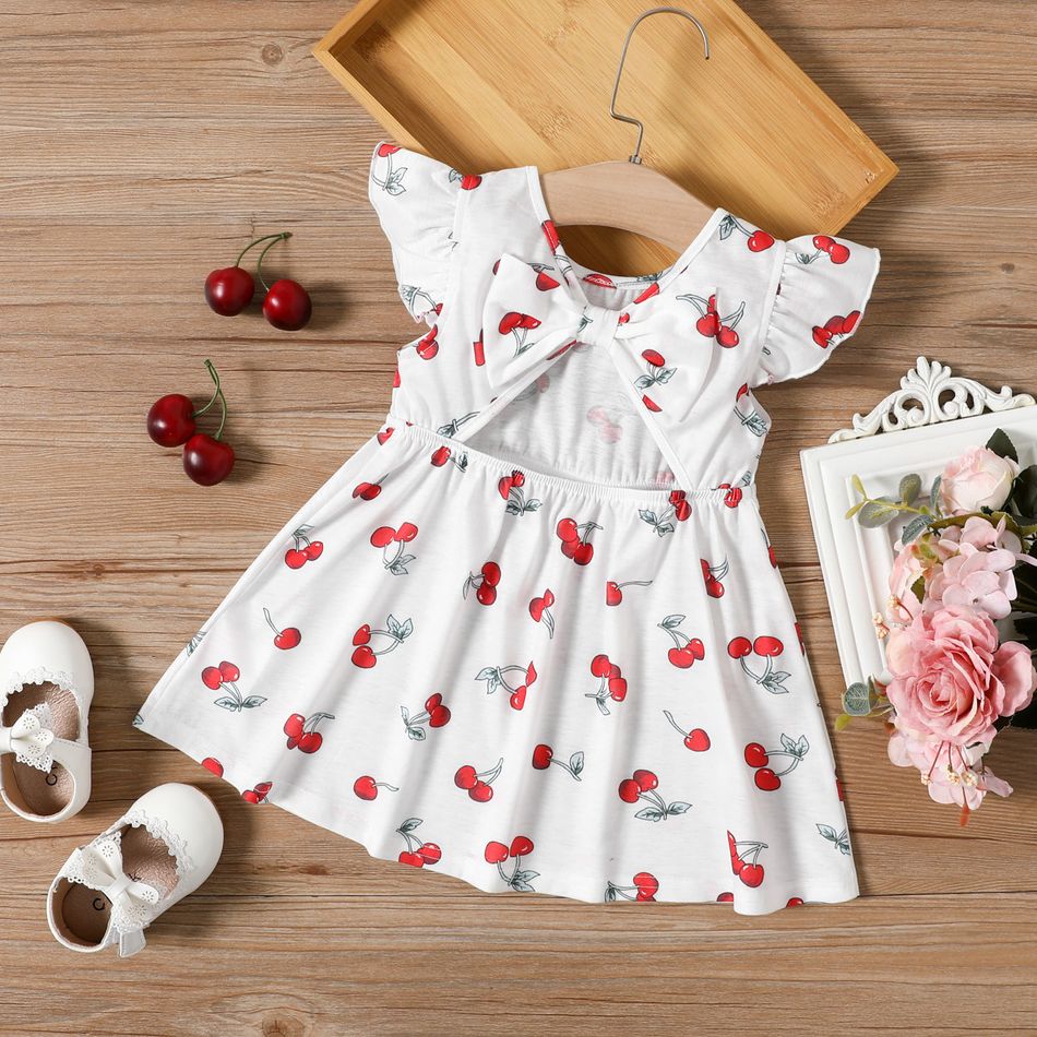 Baby Girl All Over Cherry Print Flutter-sleeve Bowknot Hollow Out Dress White big image 2