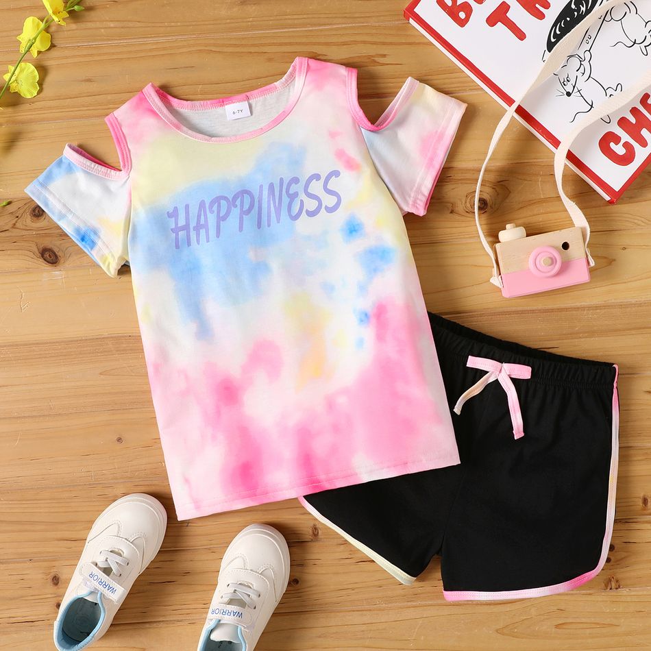 2-piece Kid Girl Letter Print Tie Dyed Cold Shoulder Tee and Bowknot Design Dolphine Shorts Set Light Pink