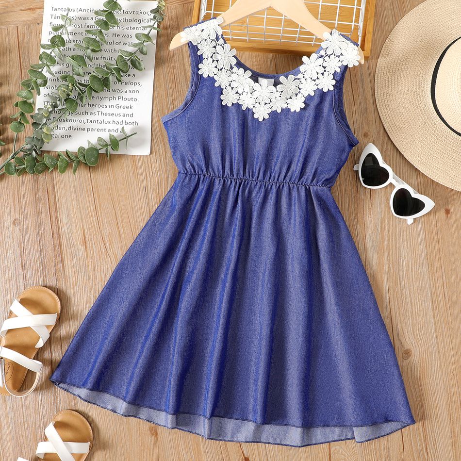 Kid Girl Floral Lace Design Sleeveless High Low Denim Dress Royal Blue