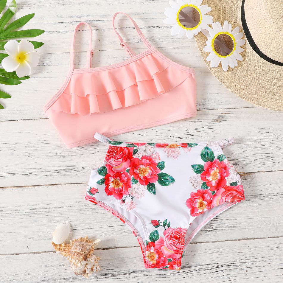 2pcs Kid Girl Ruffled Camisole Top and Floral Print Briefs Bikini Swimsuit Set Light Pink