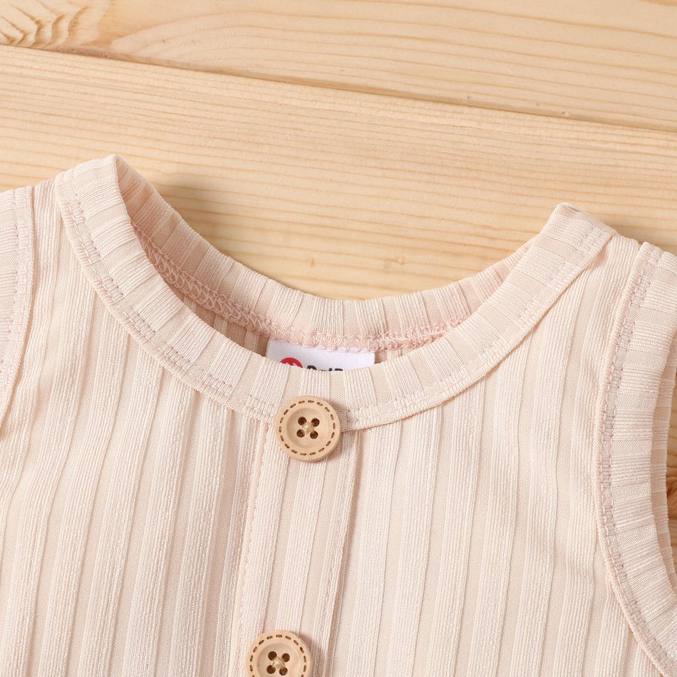 Baby Boy/Girl Button Front Solid Ribbed Sleeveless Romper with Pocket Apricot big image 3