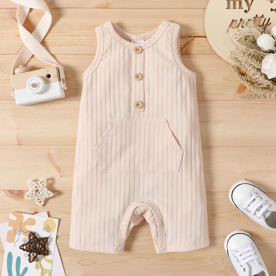 Baby Boy/Girl Button Front Solid Ribbed Sleeveless Romper with Pocket Apricot big image 1