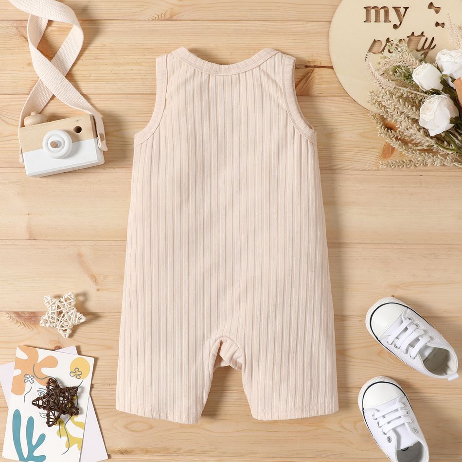 Baby Boy/Girl Button Front Solid Ribbed Sleeveless Romper with Pocket Apricot big image 2