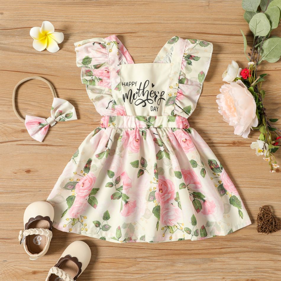 Mother's Day 2pcs Baby Girl 95% Cotton Ruffle Letter and Floral Print Dress with Headband Set Light Pink