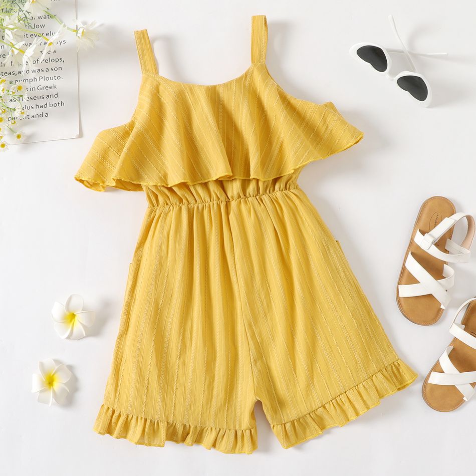 Kid Girl 100% Cotton Solid Color Ruffled Textured Strap Rompers Yellow big image 3