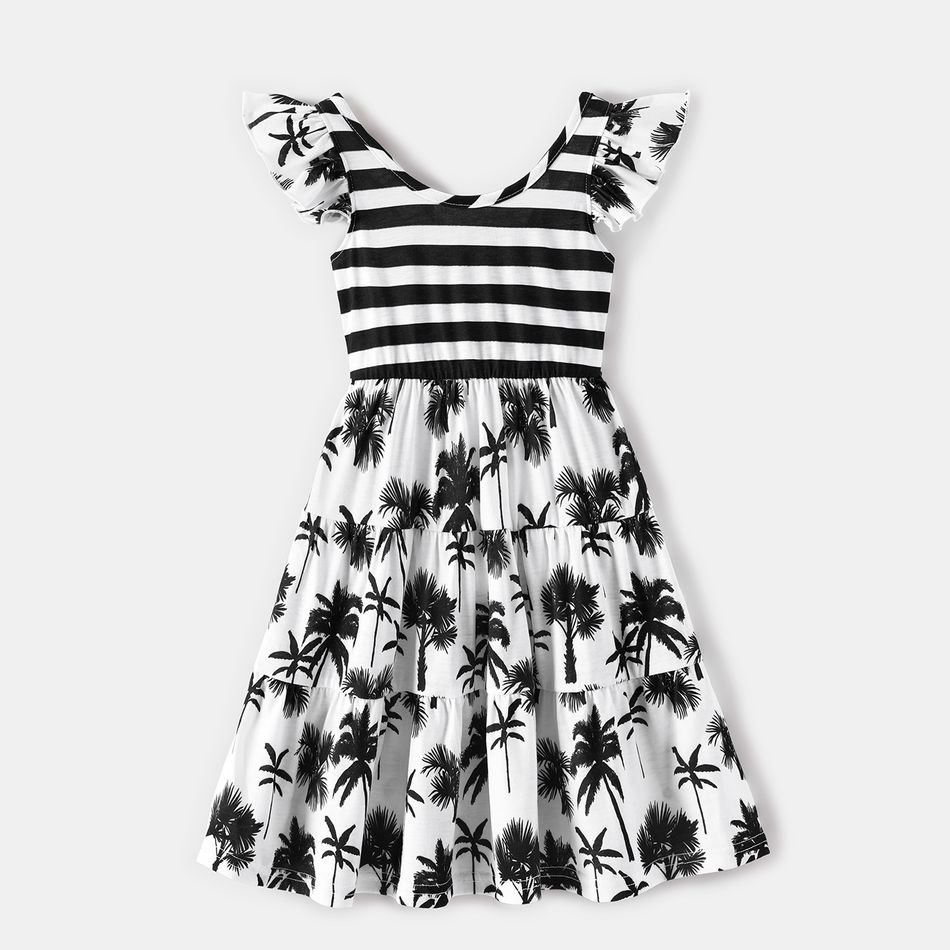 Family Matching Stripe Splicing Plant Print Spaghetti Strap V Neck Ruffle Dresses and Short-sleeve T-shirts Sets BlackandWhite big image 3