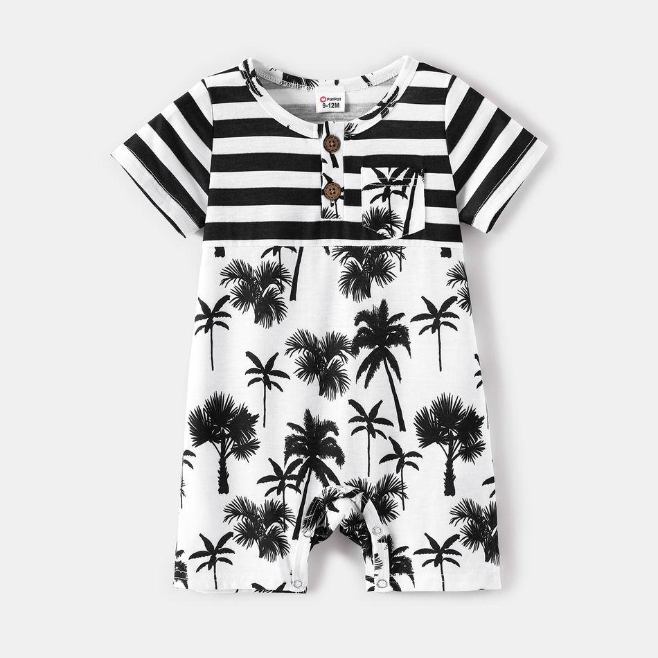 Family Matching Stripe Splicing Plant Print Spaghetti Strap V Neck Ruffle Dresses and Short-sleeve T-shirts Sets BlackandWhite big image 9