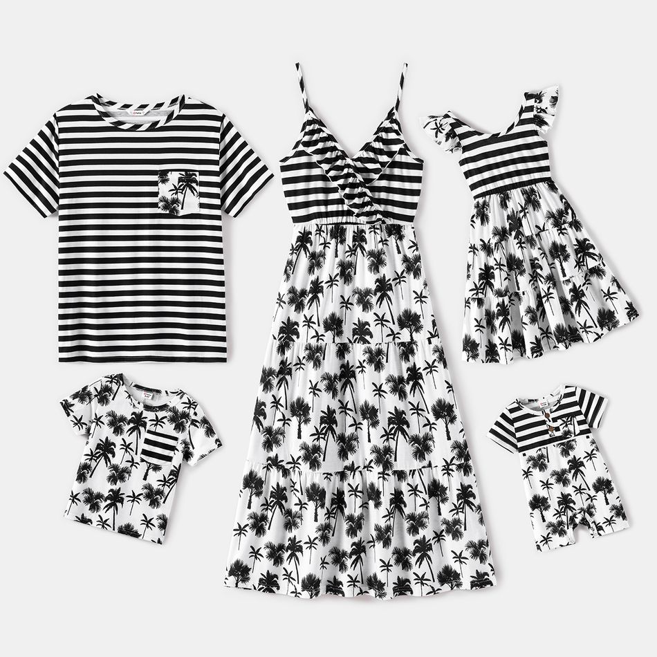 Family Matching Stripe Splicing Plant Print Spaghetti Strap V Neck Ruffle Dresses and Short-sleeve T-shirts Sets BlackandWhite