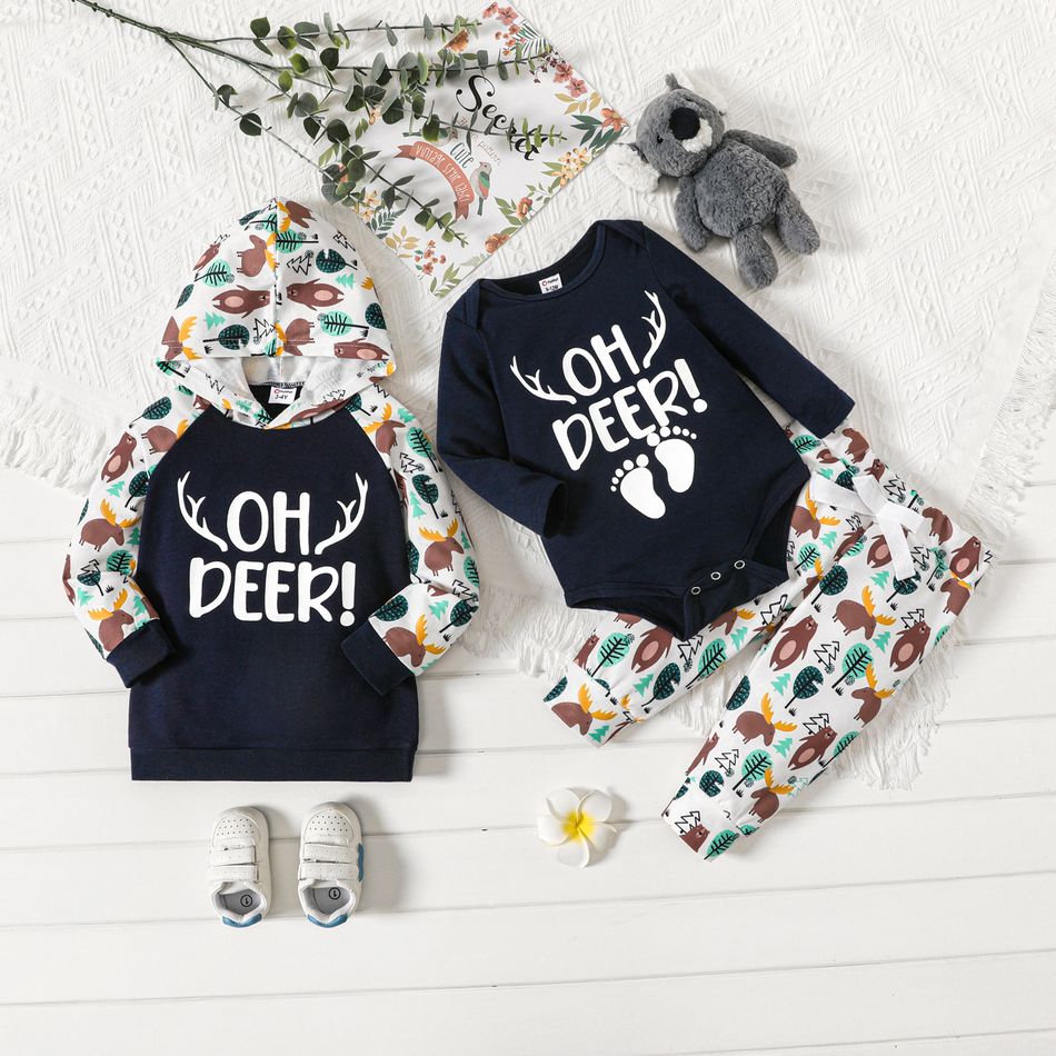 Christmas Deer and Letter Print Sibling Matching Long-sleeve Sets Color block