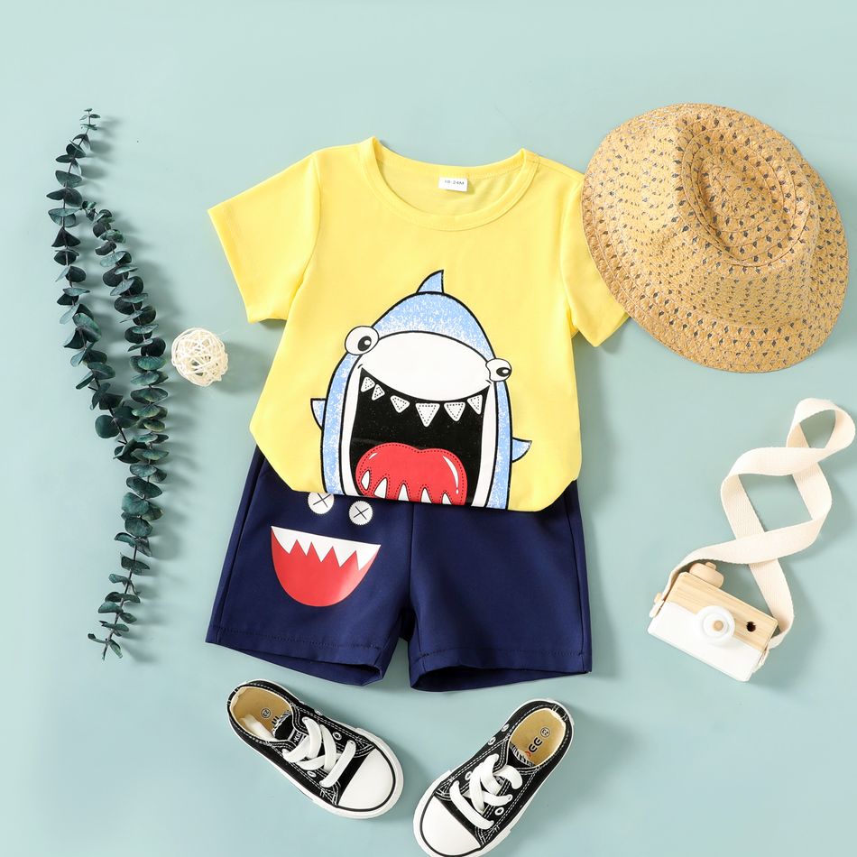 3pcs Toddler Boy Playful Straw Hat & Shark Print Tee and Shorts Set Yellow