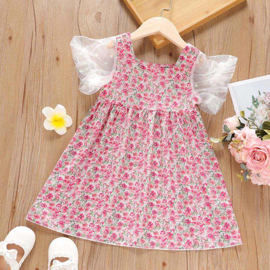 Floral Allover Square Neck Mesh Splice Puff Short-sleeve Pink Toddler Set Pink