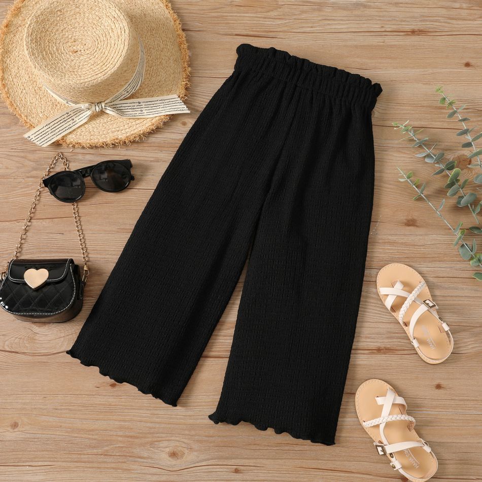Kid Girl Solid Color Lettuce Trim Wide Leg Paperbag Calf Length Pants Black big image 1
