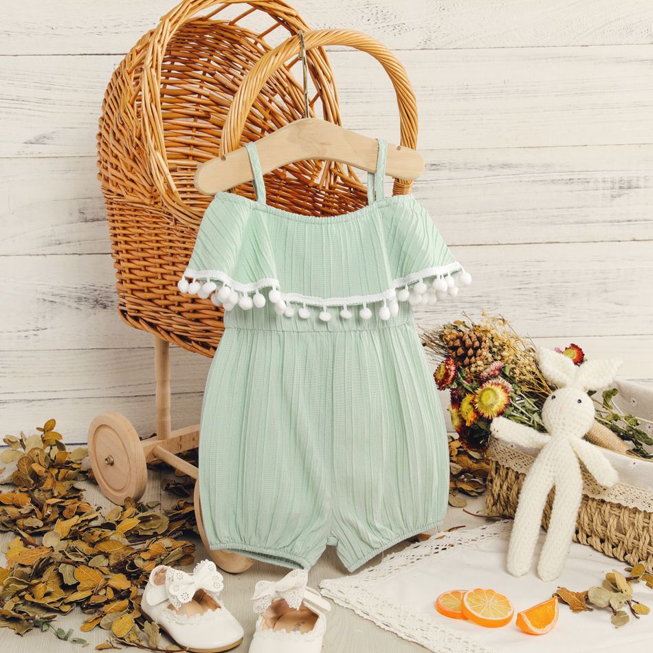 Baby Girl Green Textured Spaghetti Strap Ruffle Pom Poms Romper Light Green big image 1