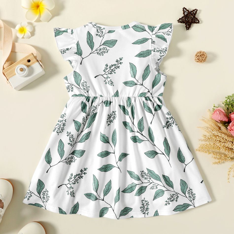 فستان بناتي صغير بطبعة أوراق شجر الأزهار بأكمام رفرفة أبيض big image 3