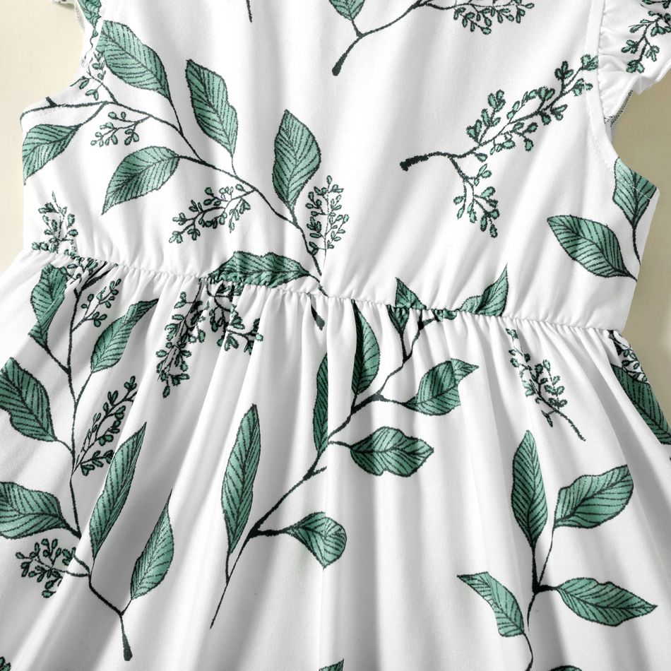 فستان بناتي صغير بطبعة أوراق شجر الأزهار بأكمام رفرفة أبيض big image 5