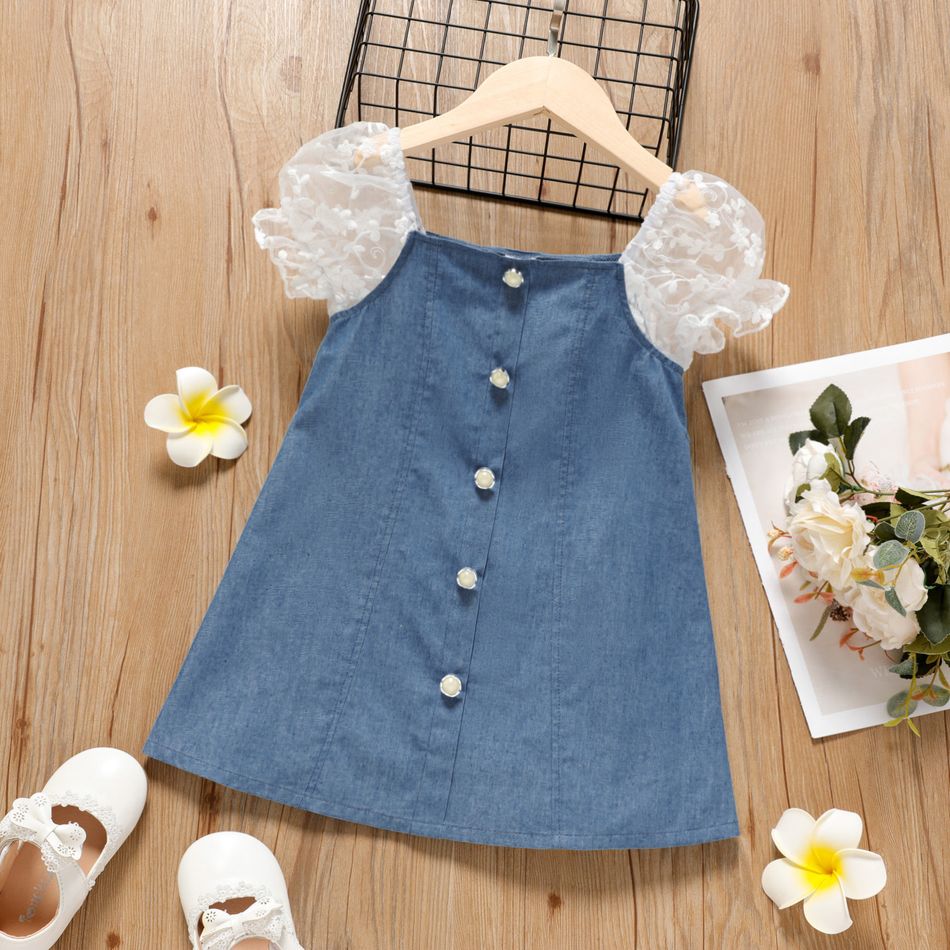 Toddler Girl Square Neck Mesh Short-sleeve Button Design Denim Dress Light Blue
