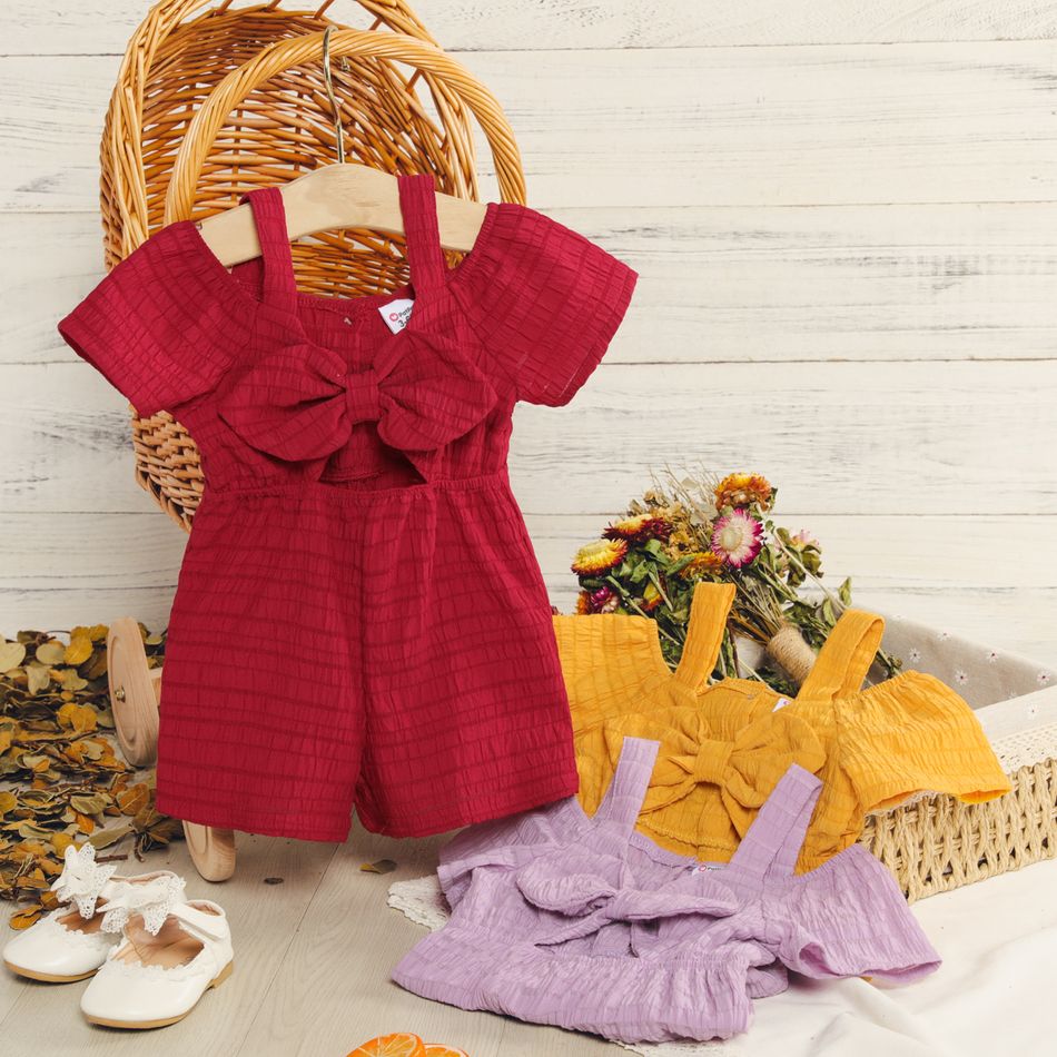 Baby Girl Solid Textured Cold Shoulder Short-sleeve Bowknot Hollow Out Romper Purple big image 2