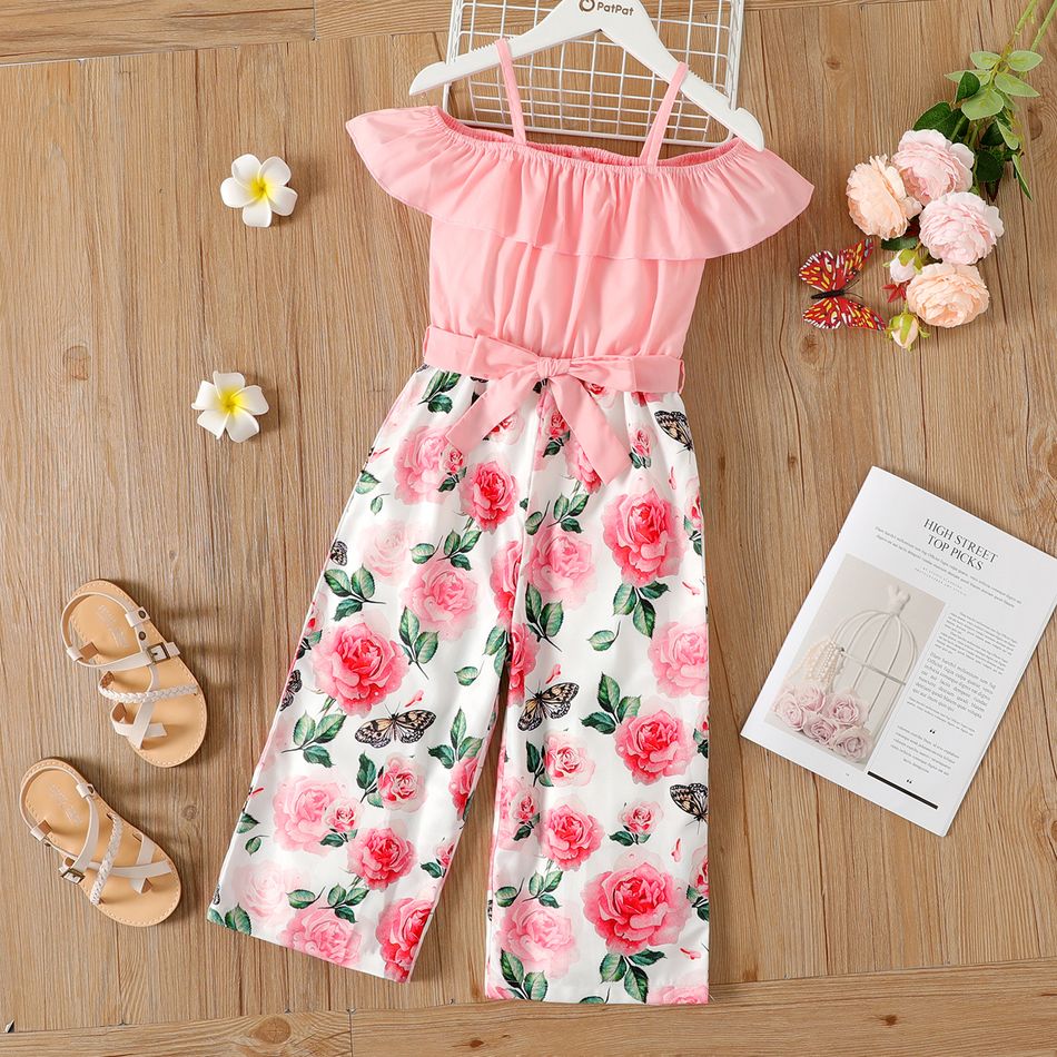 Kid Firl Floral Print Splice Flounce Belted Off Shoulder Cami Jumpsuits Pink big image 1