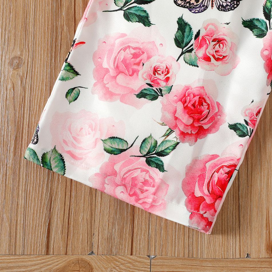Kid Firl Floral Print Splice Flounce Belted Off Shoulder Cami Jumpsuits Pink big image 4
