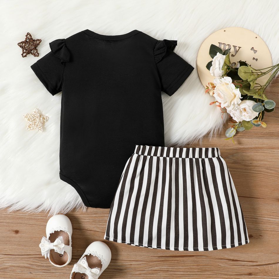 2pcs Baby Girl Ruffle Short-sleeve Letter Print Romper and Striped Skirt Set BlackandWhite big image 2