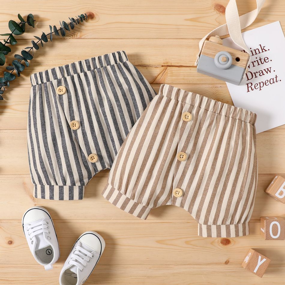 100% Cotton Baby Boy Button Design Striped Elasticized Waist Shorts Brown big image 2