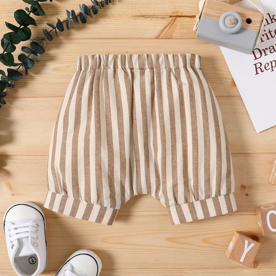 100% Cotton Baby Boy Button Design Striped Elasticized Waist Shorts Brown big image 3