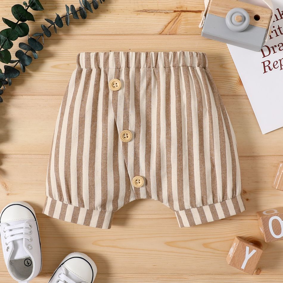 100% Cotton Baby Boy Button Design Striped Elasticized Waist Shorts Brown