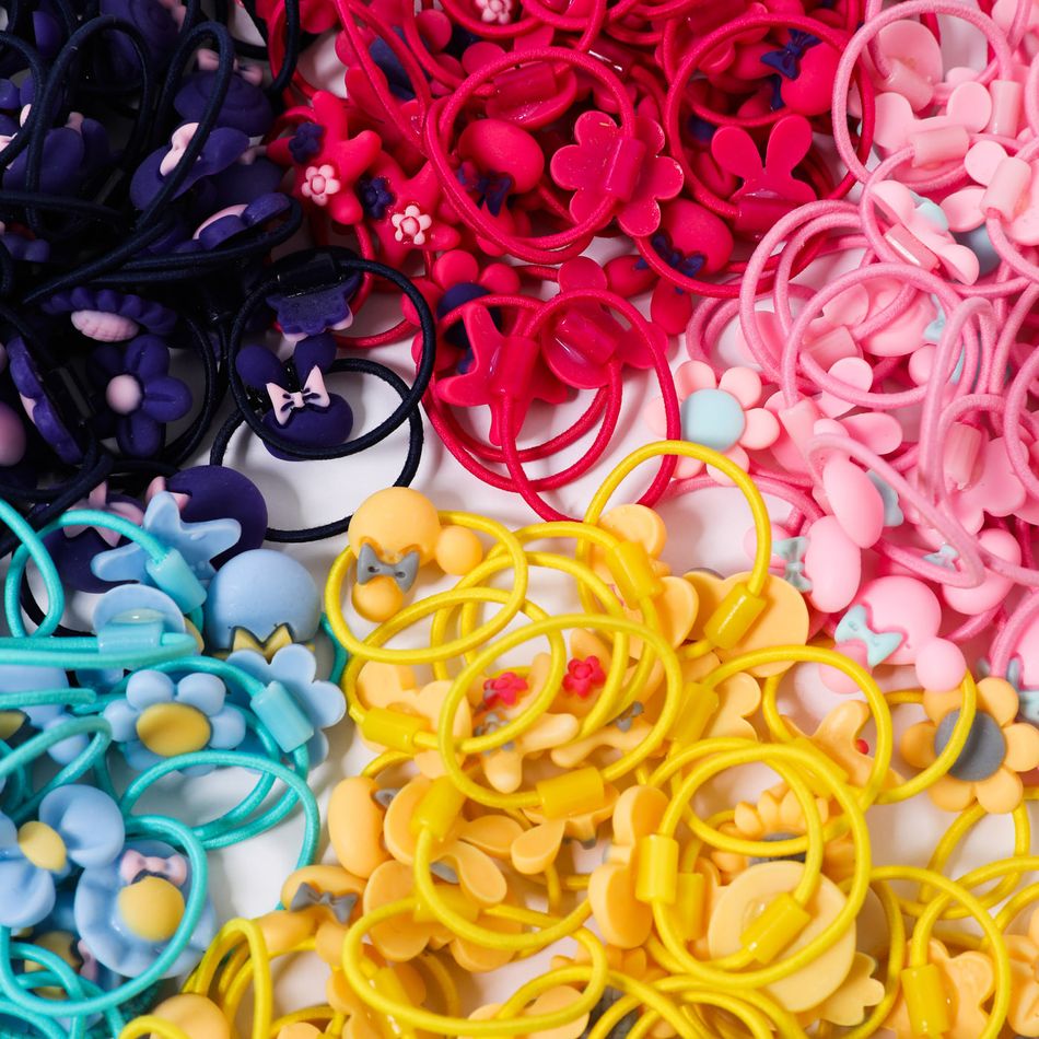 Pacote de 50 laços florais de desenho animado com elásticos multicoloridos para cabelo para meninas Bloco de Cor big image 6