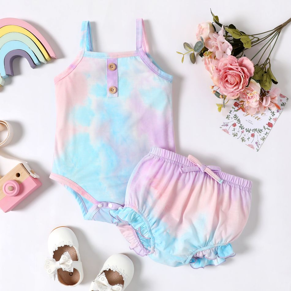 2pcs Baby Girl Tie Dye Spaghetti Strap Sleeveless Romper and Shorts Set Purple big image 1