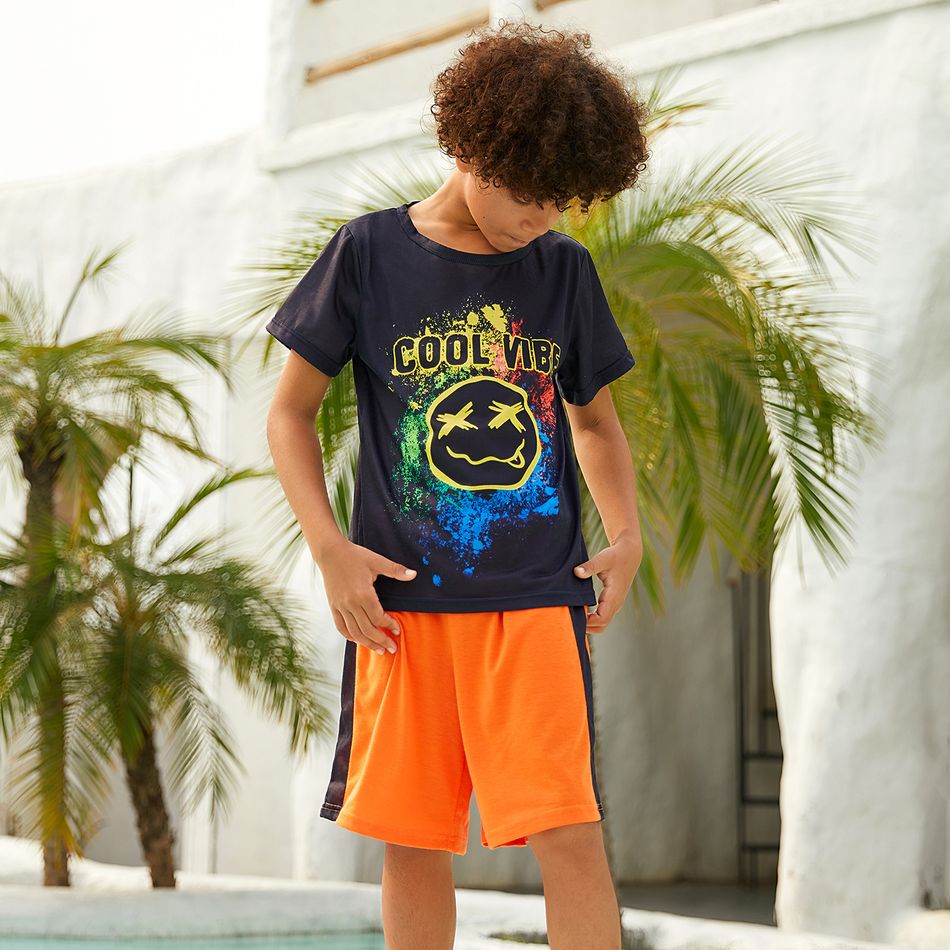 2-piece Kid Boy Letter Painting Face Graphic Print Tee and Colorblock Shorts Set Black big image 4