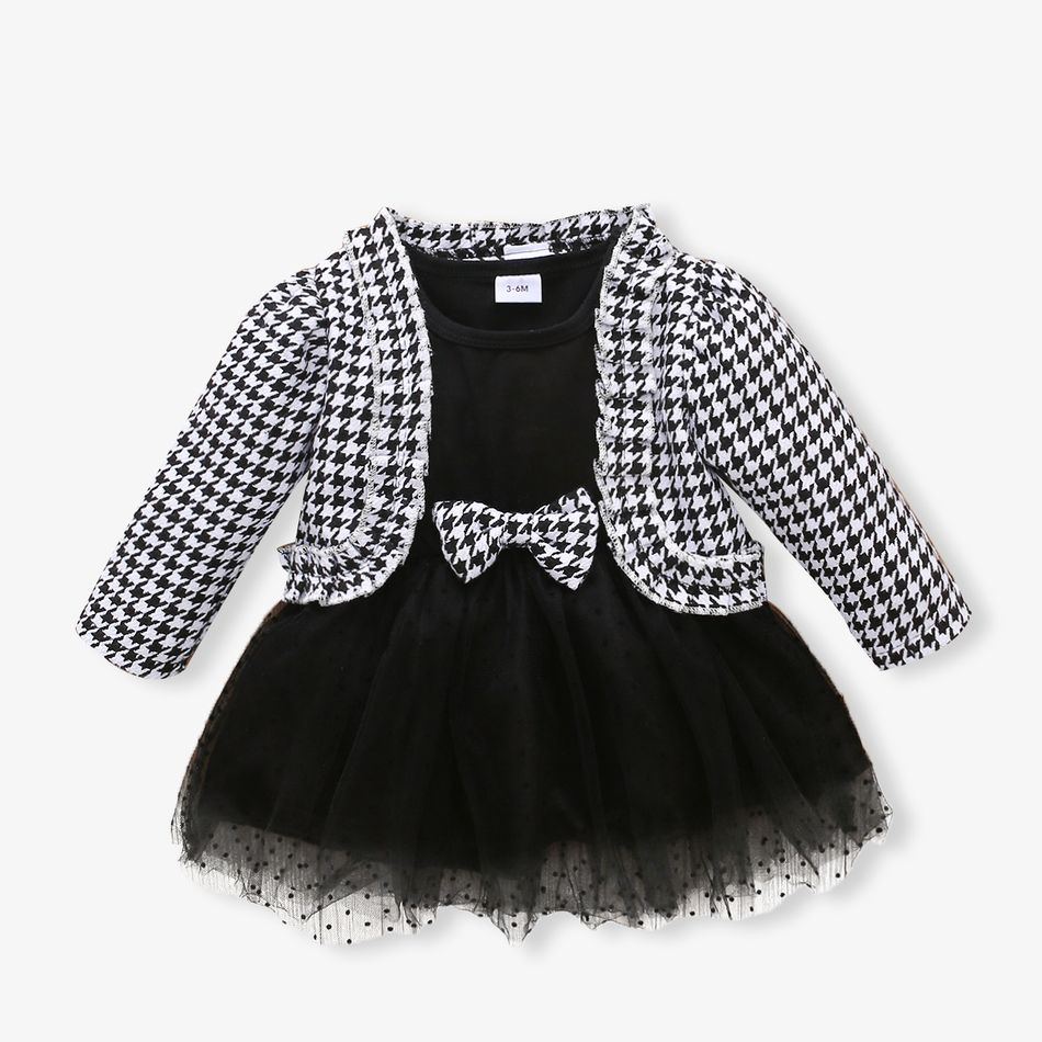 2pcs Baby Long-sleeve Plaid Cardigan and Tutu Mesh Dress Set Black/White