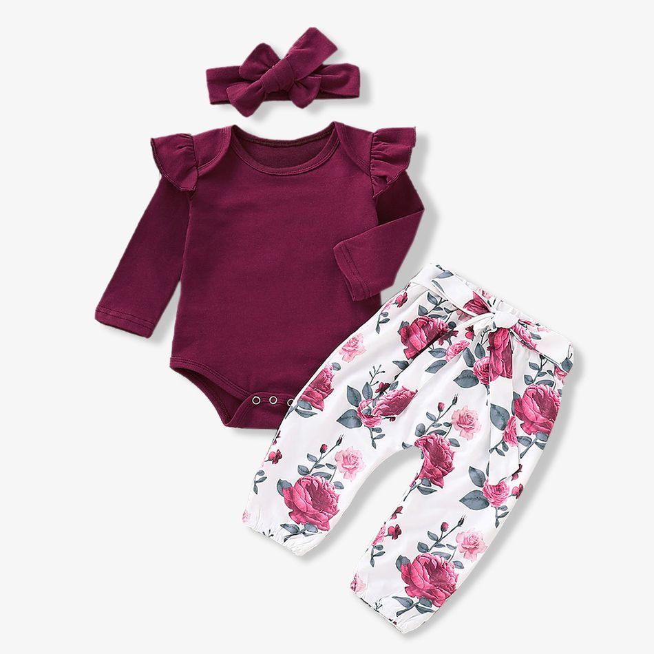 3pcs Baby Girl 95% Cotton Ruffle Long-sleeve Romper and Floral Print Pants with Headband Set Deep Magenta