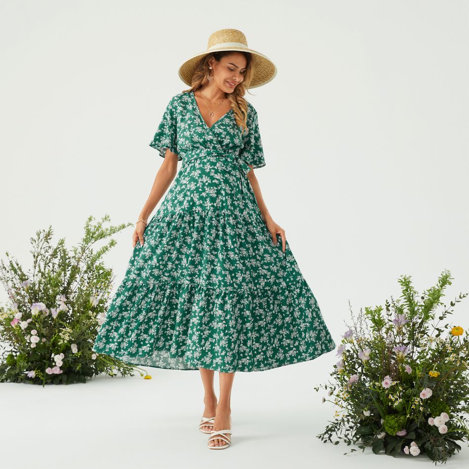 Nursing Floral Print Short-sleeve Belted Tiered Dress Green