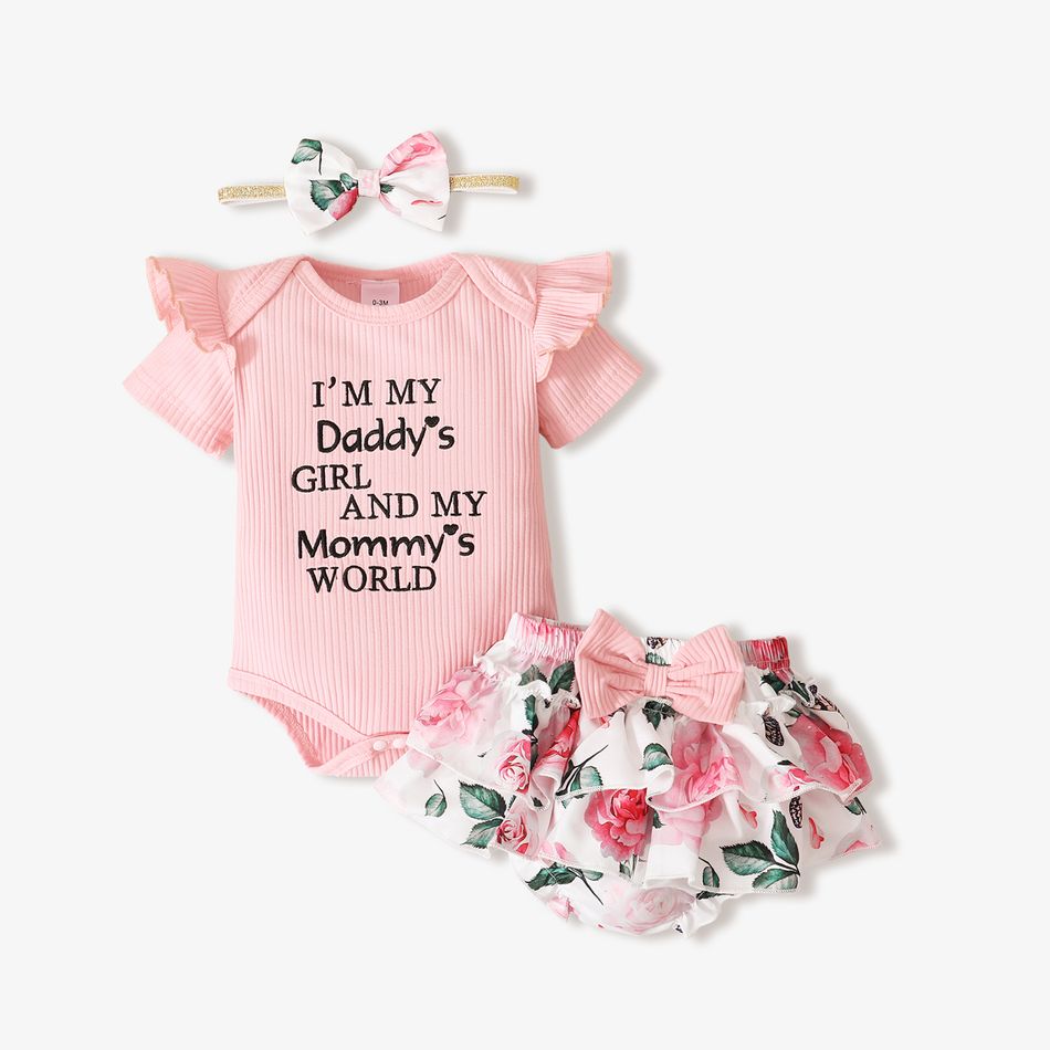 3pcs Baby Girl 95% Cotton Ribbed Ruffle Short-sleeve Letter Embroidery Romper and Floral Print Layered Shorts with Headband Set Pink big image 1