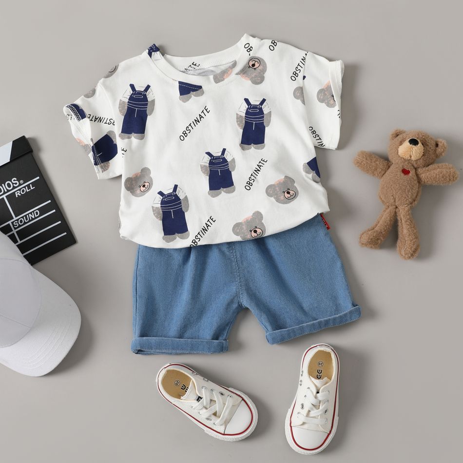 2pcs Bear Allover Short-sleeve White or Green T-shirt Top and Denim Blue Shorts Toddler Set White