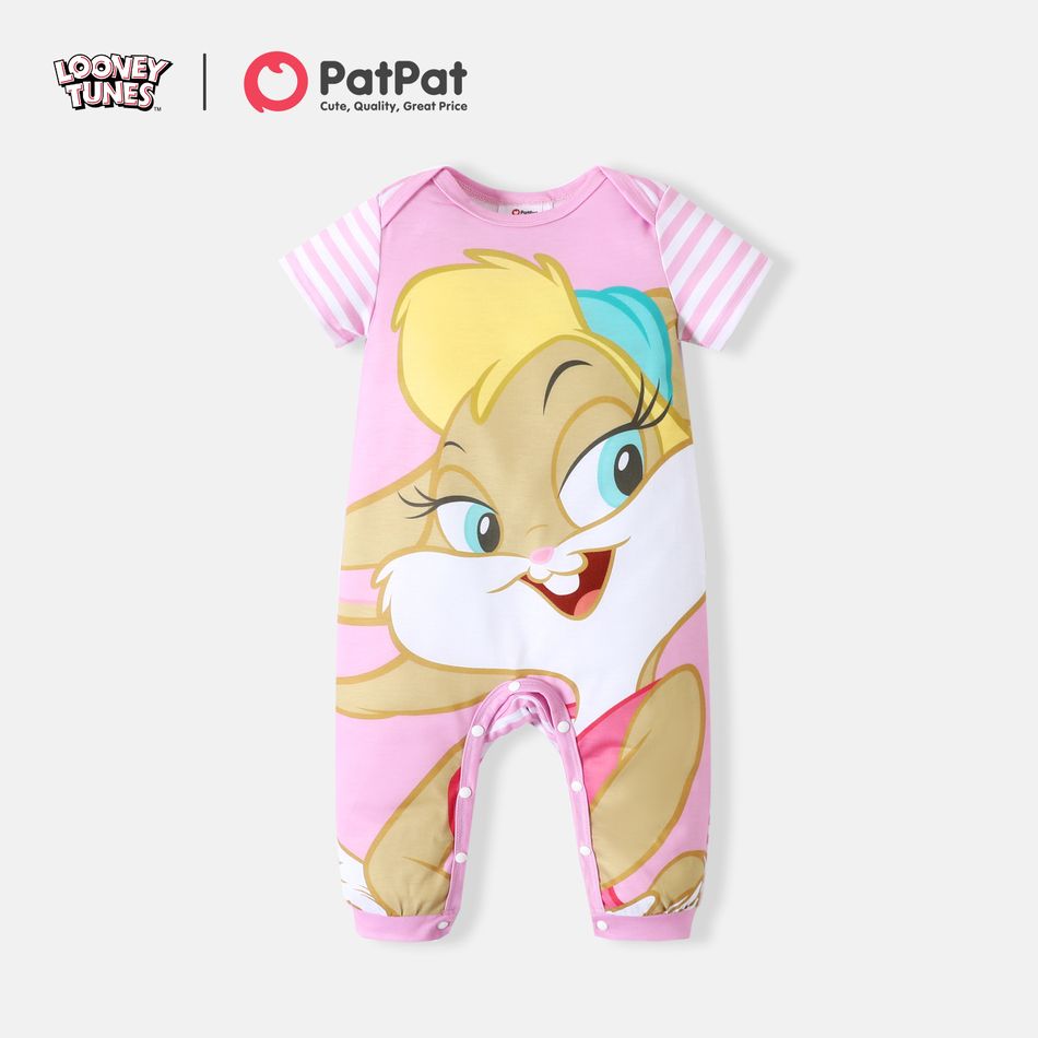 Looney Tunes Baby Boy/Girl Cartoon Animal Print Striped Short-sleeve Jumpsuit Light Pink
