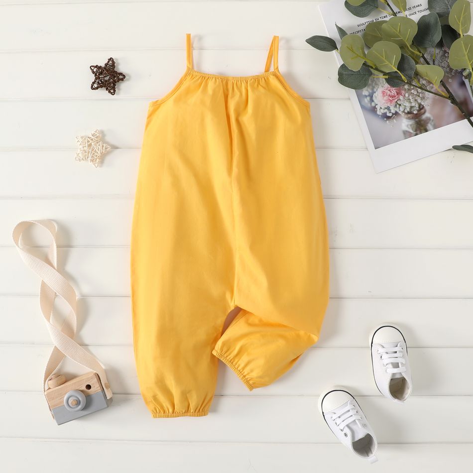 100% Cotton Baby Girl Loose-fit Solid Sleeveless Spaghetti Strap Harem Pants Overalls Yellow big image 3