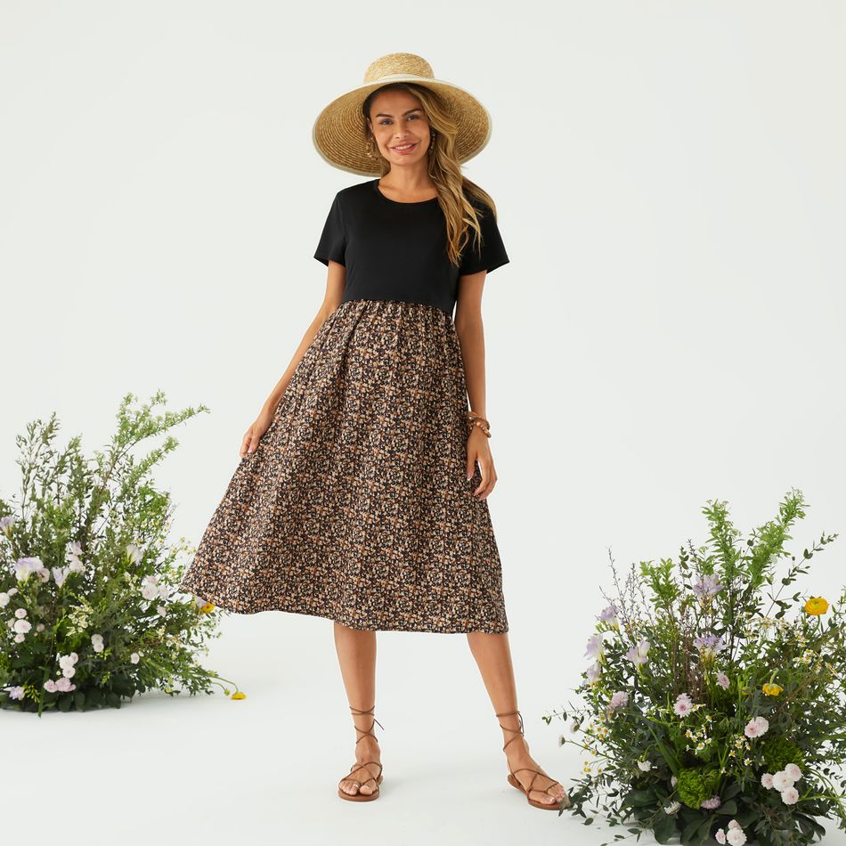 Nursing Floral Panel Short-sleeve Dress Khaki