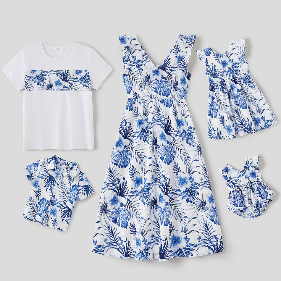 Mosaic Blue Leaves Print Family Matching White Sets Blue