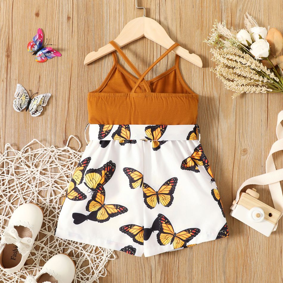 Toddler Girl Butterfly Print Button Design Splice Belted Cami Romper Brown big image 2