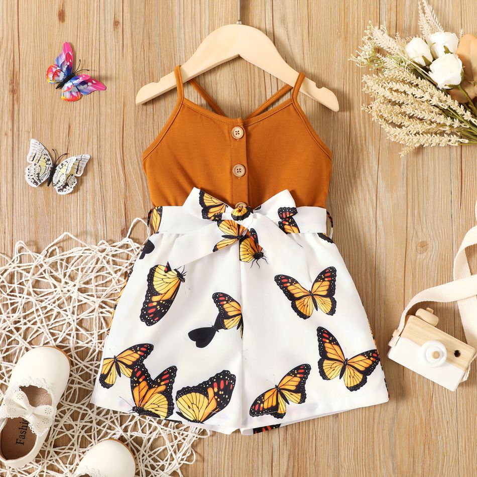 Toddler Girl Butterfly Print Button Design Splice Belted Cami Romper Brown big image 1