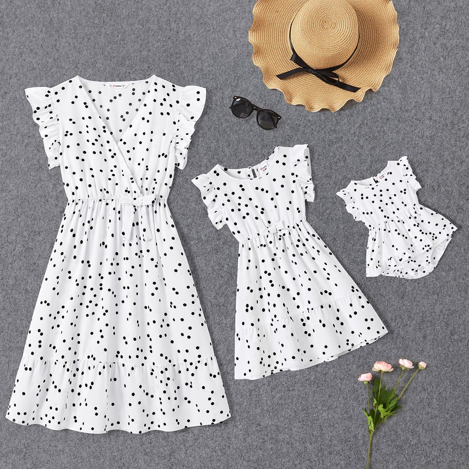 All Over Polka Dots White V Neck Ruffle Flutter-sleeve Dress for Mom and Me BlackandWhite